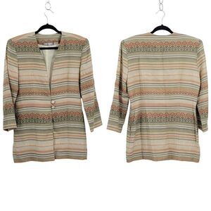 Vintage Southwestern Blazer M Sage‎ Rust Linen Embroidered 2 Button Duster USA